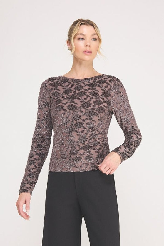 Allie Rose Rose Floral Lace Mesh Long Sleeve Top - Dark Mauve
