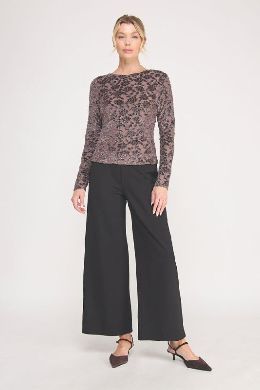 Allie Rose Rose Floral Lace Mesh Long Sleeve Top - Dark Mauve