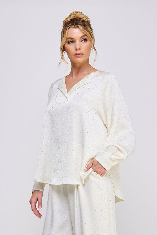 Allie Rose Embellished Crinkle Satin Split V-Neck Raglan Sleeve Blouse – Cream
