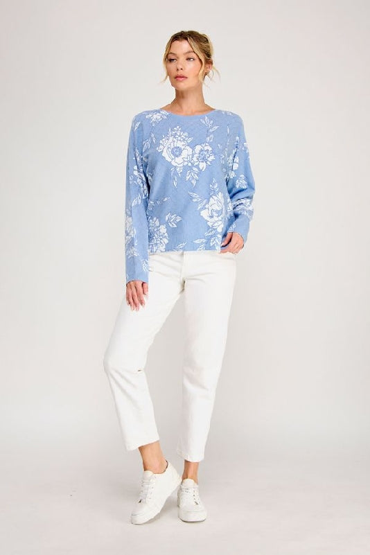 Allie Rose Fine Gauge Diamond Pointelle Floral Knit Top in Peri Blue