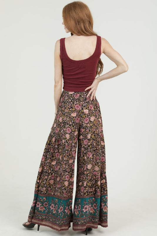 Angie Midnight Floral Border Print Wide Leg Pants