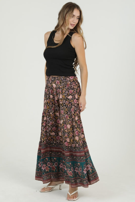 Angie Midnight Floral Border Print Wide Leg Pants