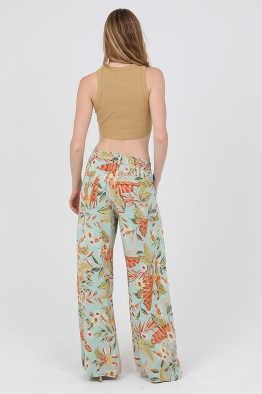 *Summer Sale Angie Wide Leg Tropical Print Pants - Aqua