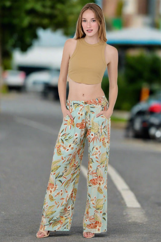 *Summer Sale Angie Wide Leg Tropical Print Pants - Aqua