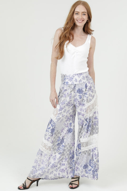 Angie Blue Blossom Lace Trim Palazzo Pants