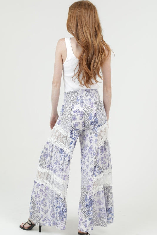 Angie Blue Blossom Lace Trim Palazzo Pants