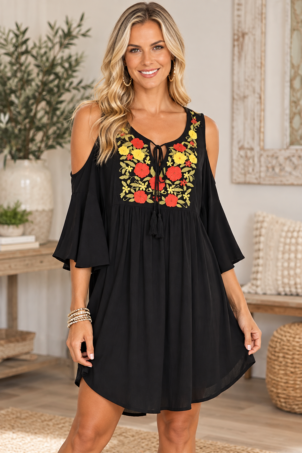 Jodifl Embroidered Tunic Dress - Black