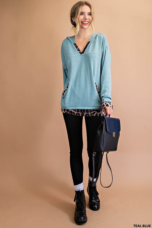 Kori Animal Print Contrast Hoodie - Teal Blue
