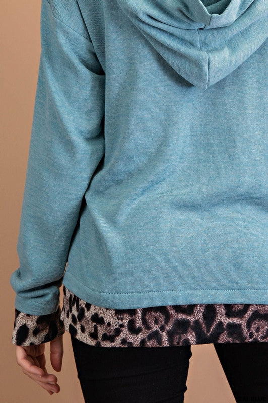 Kori Animal Print Contrast Hoodie - Teal Blue