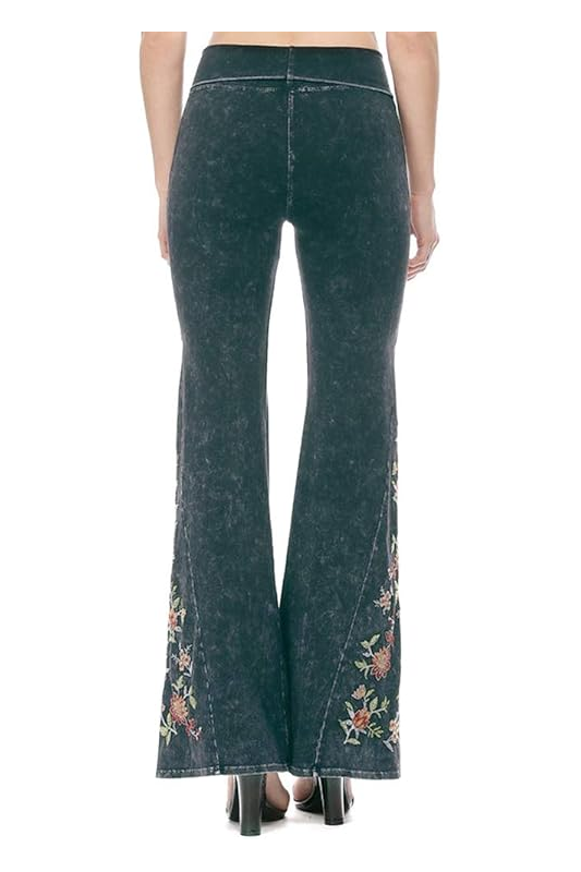 T-Party Floral Embroidered Yoga Pants - Light Wash Black