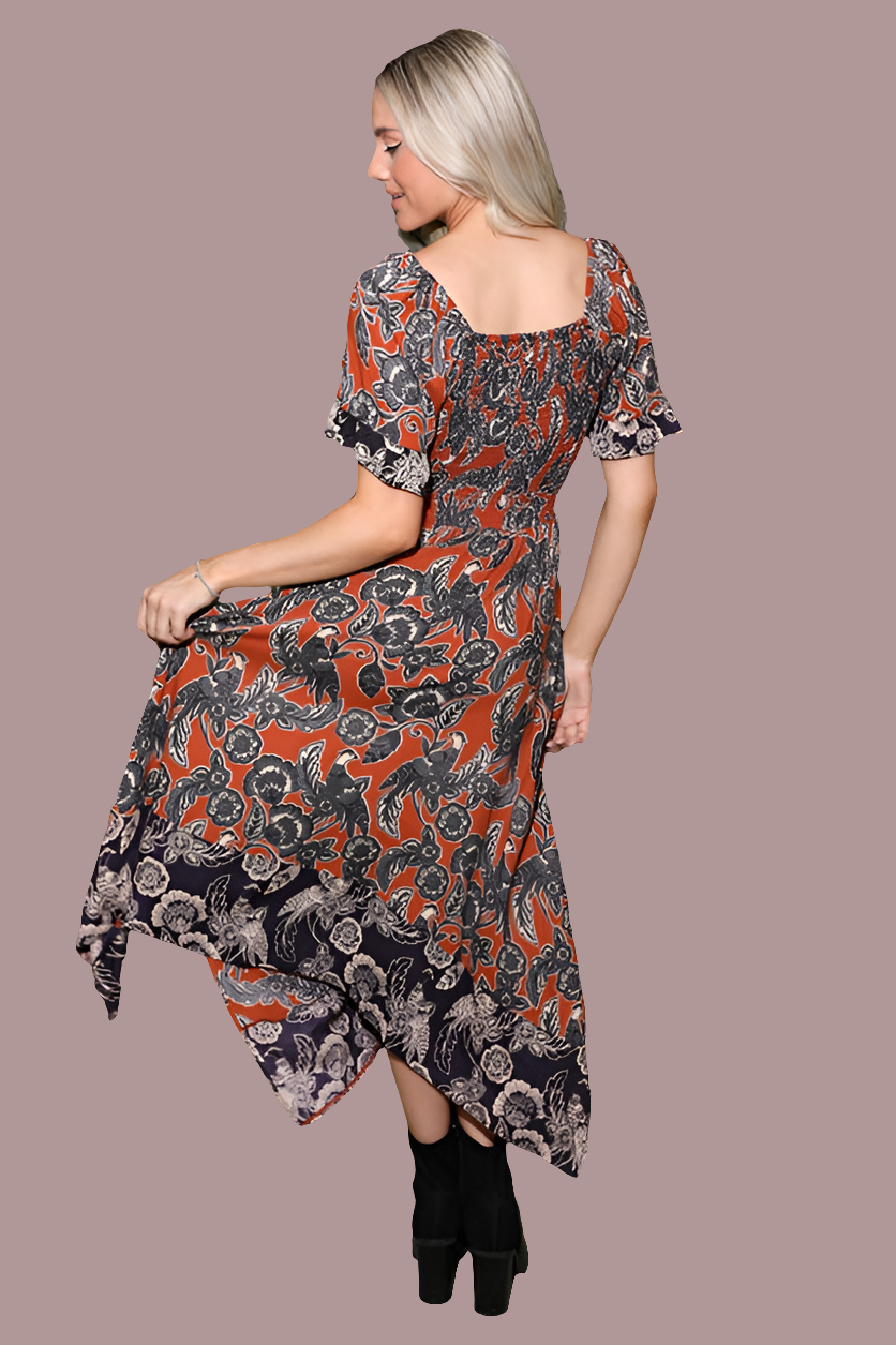 Angie Tropical Bird of Paradise Handkerchief Midi Dress - Cinnamon