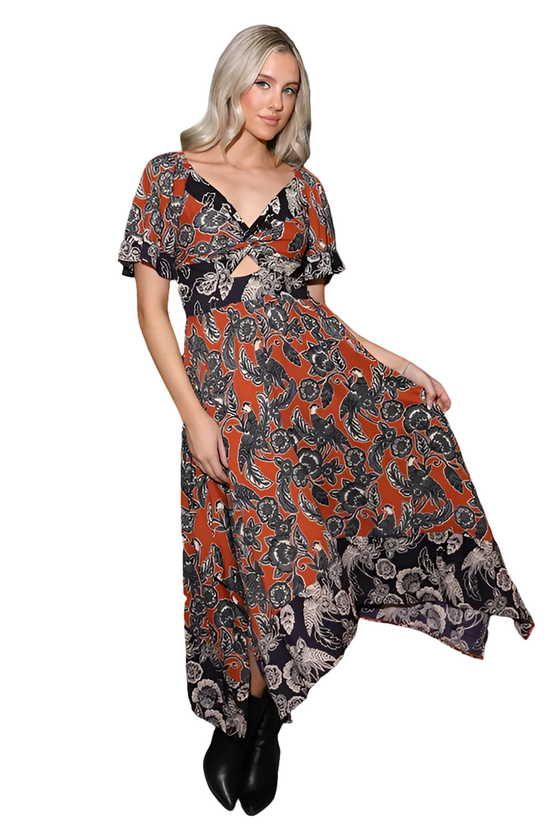 Angie Tropical Bird of Paradise Handkerchief Midi Dress - Cinnamon Large