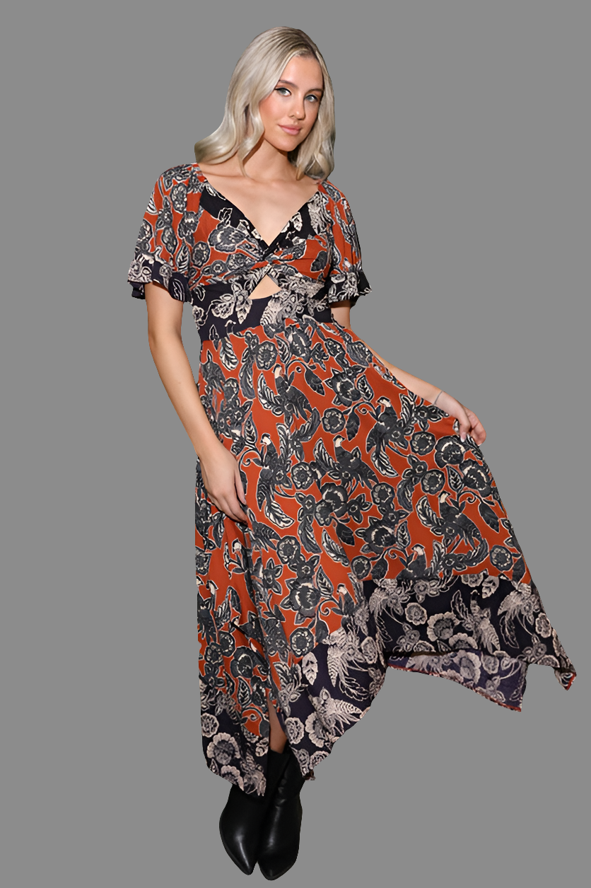 Angie Tropical Bird of Paradise Handkerchief Midi Dress - Cinnamon