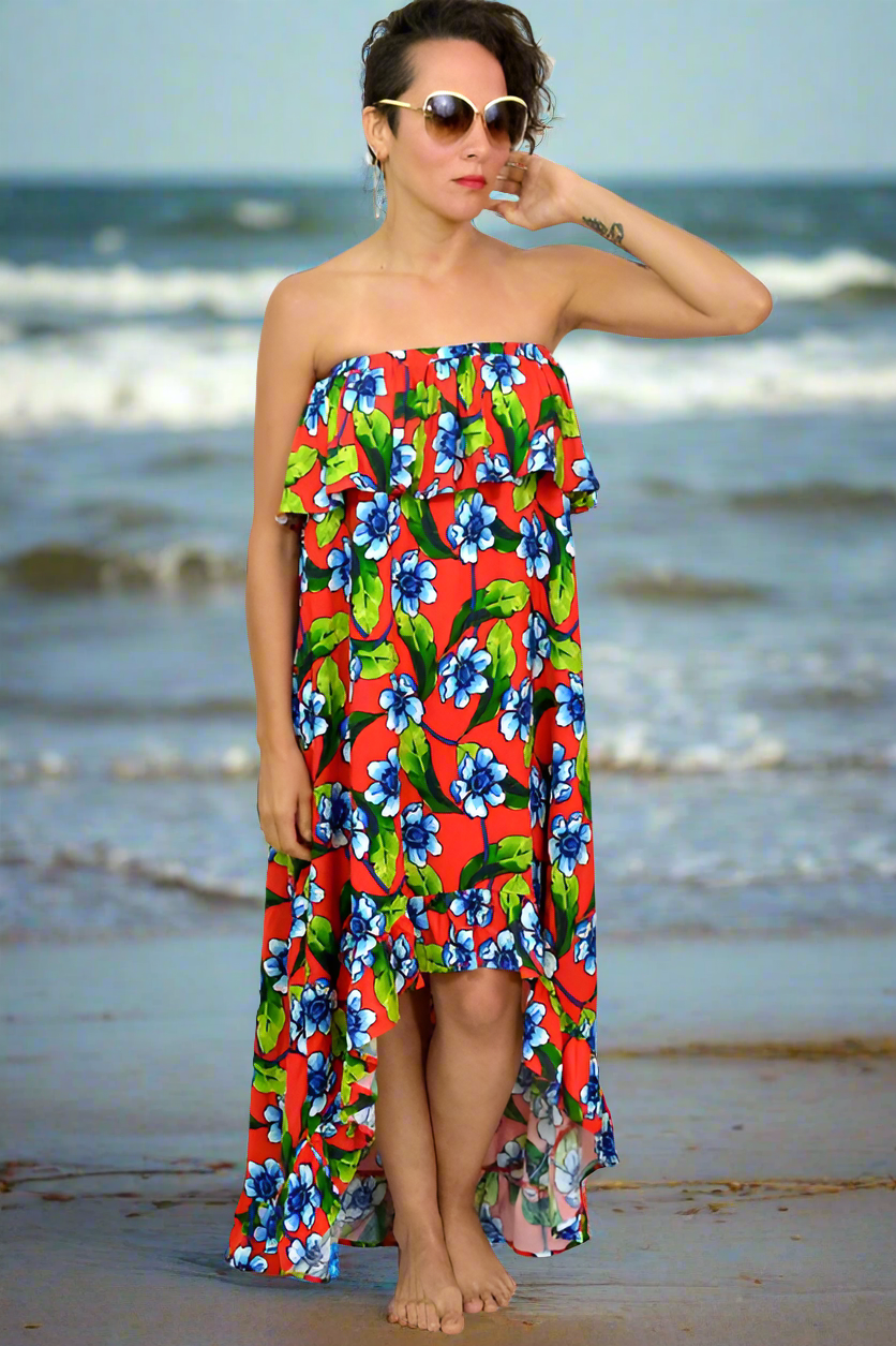 *SUMMER SALE Easel Floral Hi Low Strapless Dress - Red
