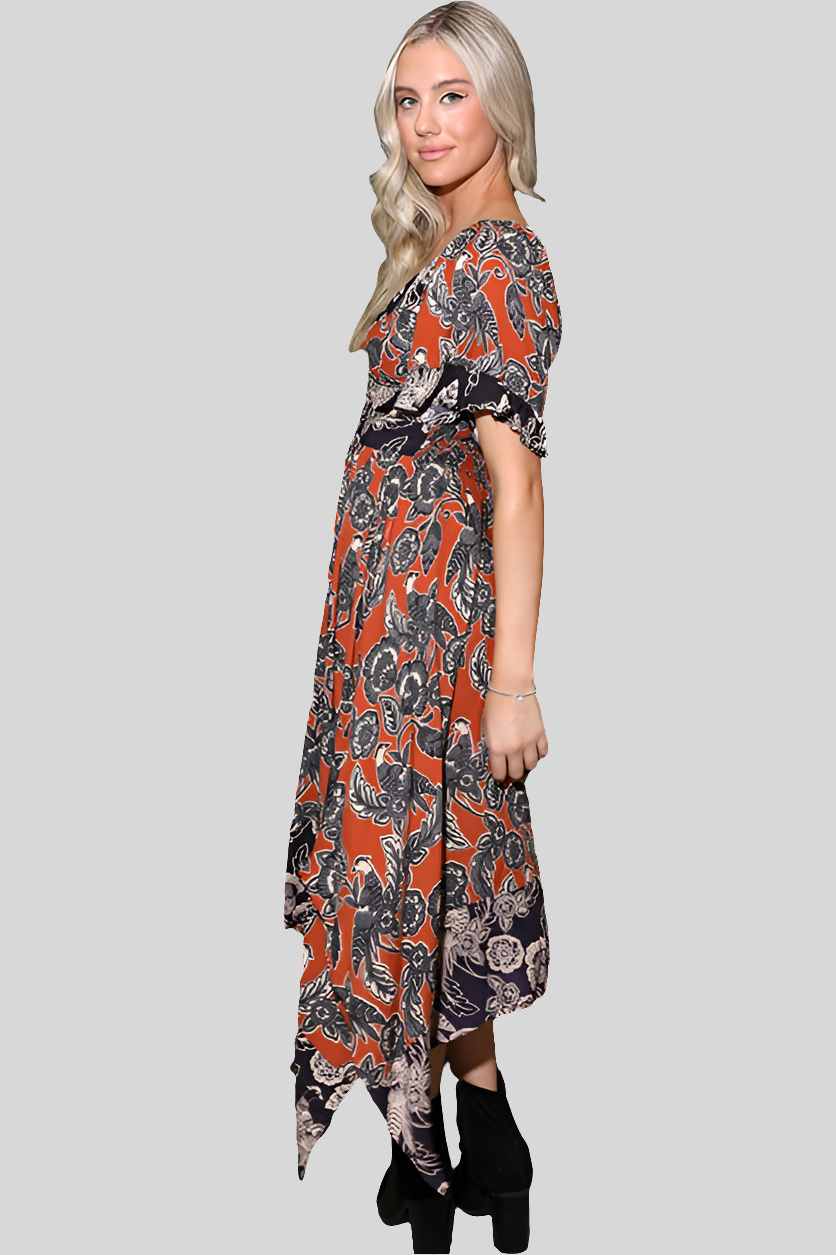 Angie Tropical Bird of Paradise Handkerchief Midi Dress - Cinnamon