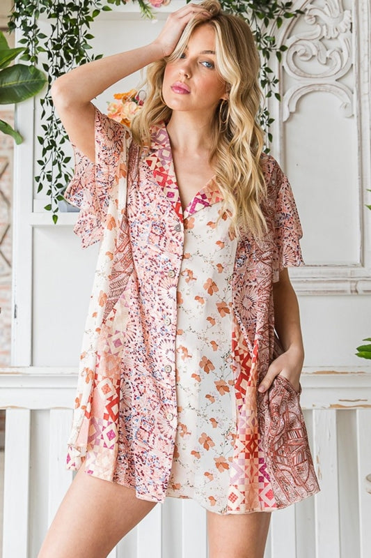 Oli & Hali Print Sheer Tunic Blouse - Pink