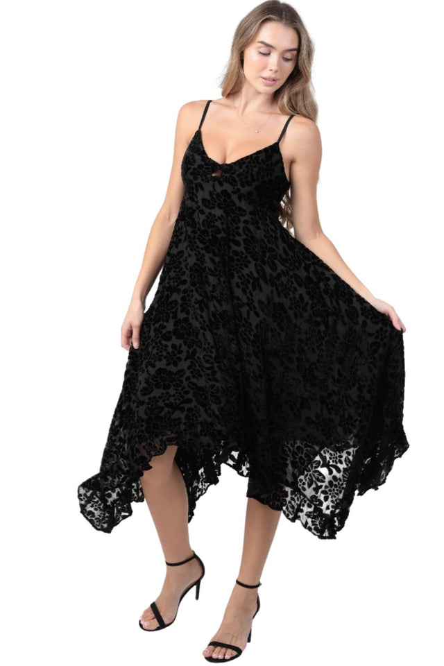 Angie Evening Floral Burnout Velvet Handkerchief Dress - Black