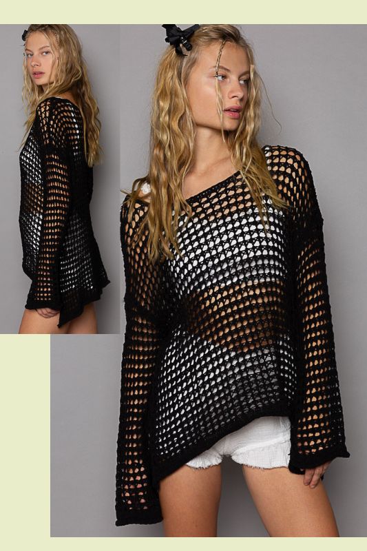 POL Crochet Long Sleeve Open Knit Coverup Top - 6 Colors