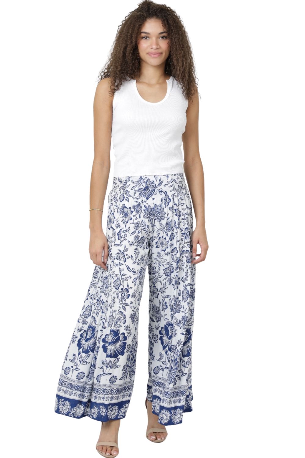 Angie Blue Border Flower Ruffle Hem Pants - Ivory/Blue