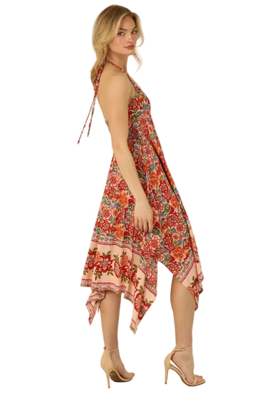 Angie Sonia Floral Halter Handkerchief Dress - Bisque