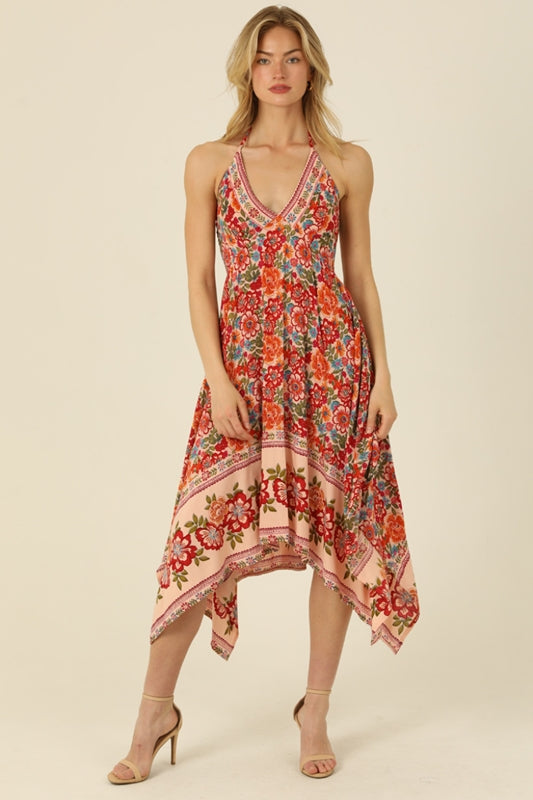 Angie Sonia Floral Halter Handkerchief Dress - Bisque
