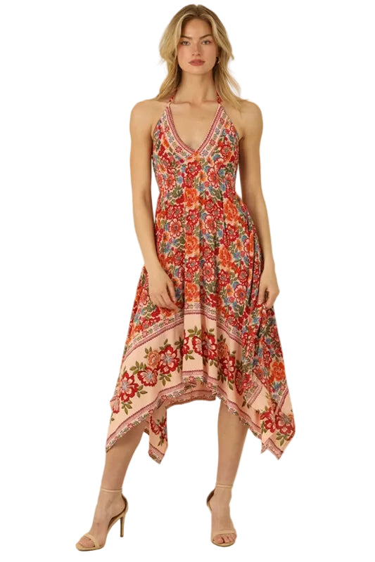 Angie Sonia Floral Halter Handkerchief Dress - Bisque