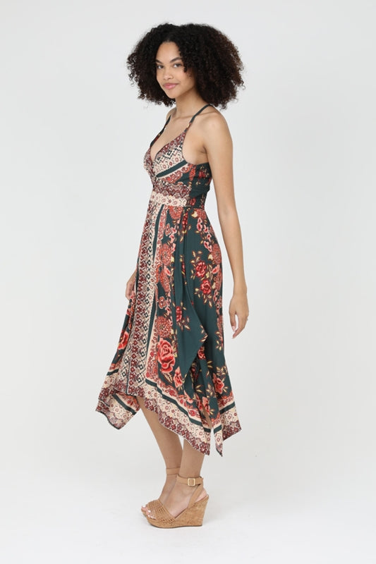 Angie Samantha Floral Handkerchief Dress - Olive