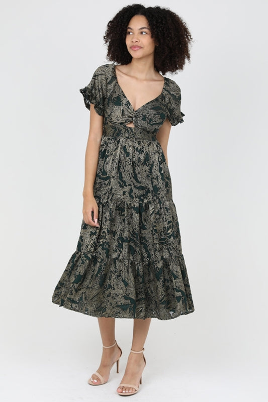 Angie Glamour Sheen Burnout Tiered Midi Dress - Green Gold