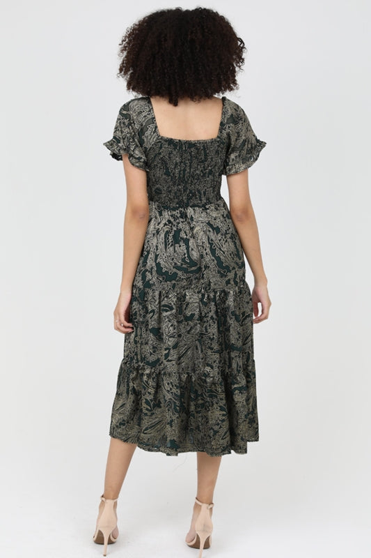 Angie Glamour Sheen Burnout Tiered Midi Dress - Green Gold