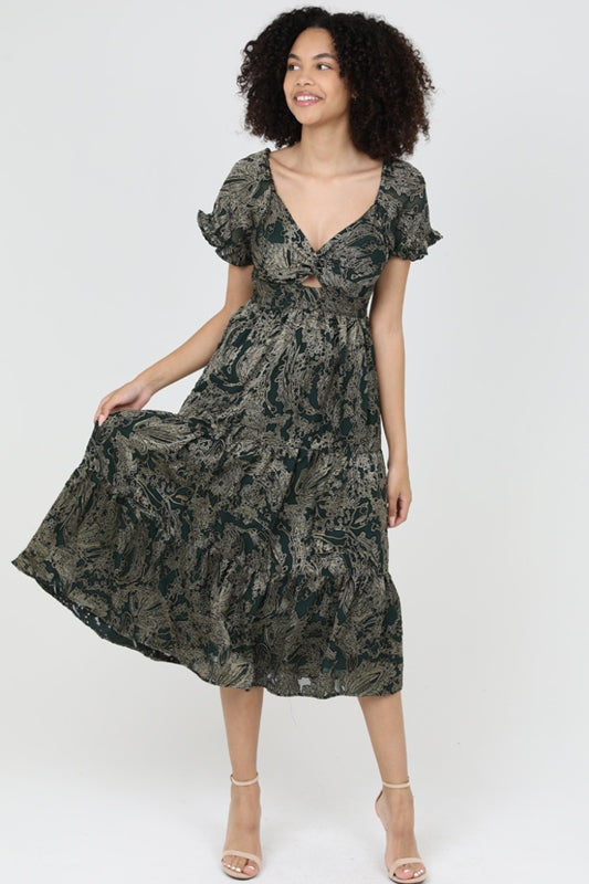 Angie Glamour Sheen Burnout Tiered Midi Dress - Green Gold
