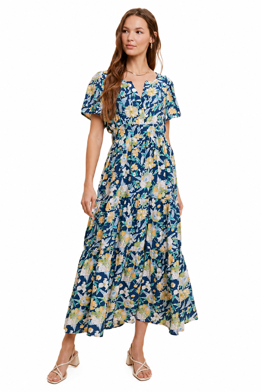 In Loom V Neck Floral Midi Dress - Midnight Blue