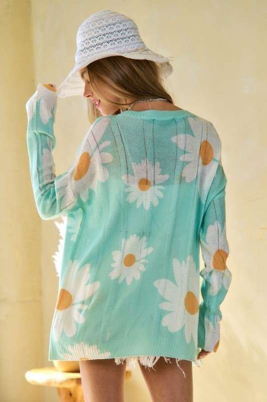 Davi & Dani Daisy Flower Sweater - Sage Green