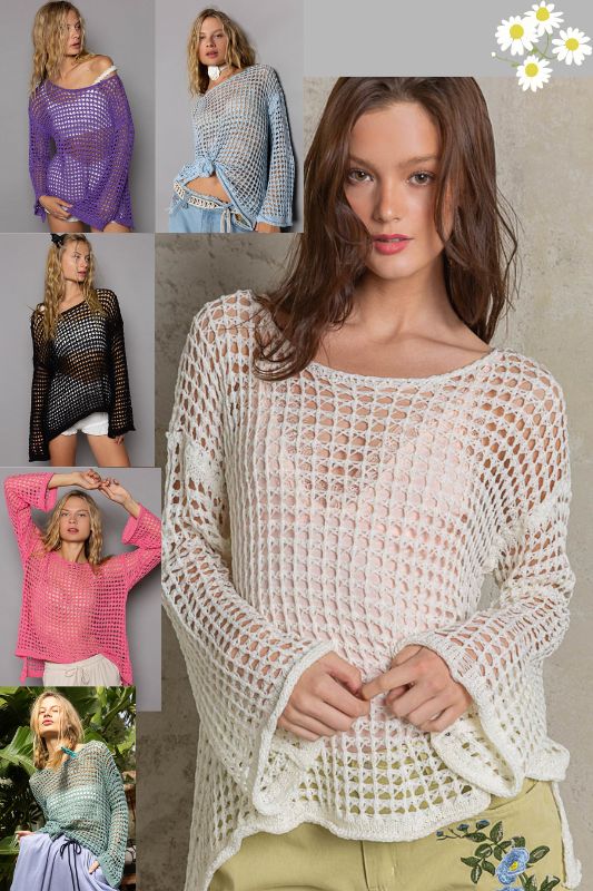 POL Crochet Long Sleeve Open Knit Coverup Top - 6 Colors