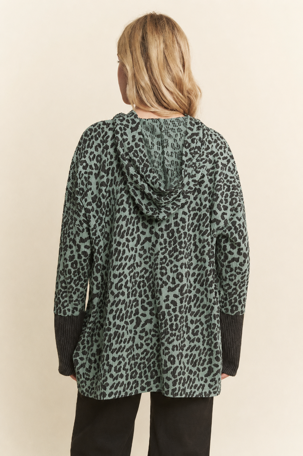 Olive Vintage Animal Print Hooded Pullover with Kangaroo Pocket