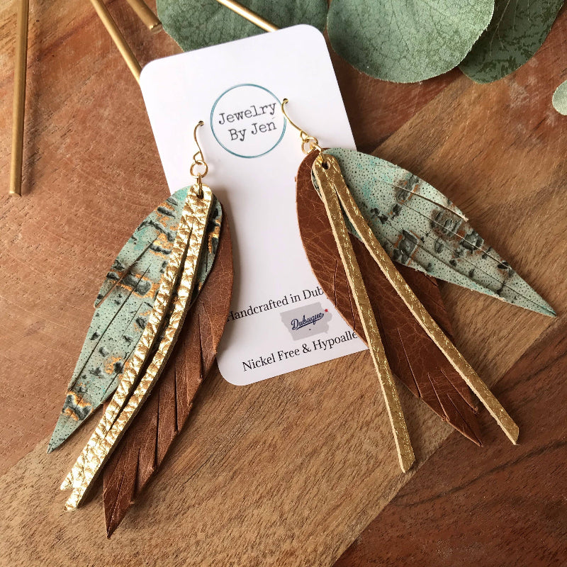 Narrow Fringe Feather Earrings - Gold, Cognac, Turquoise Wildwood