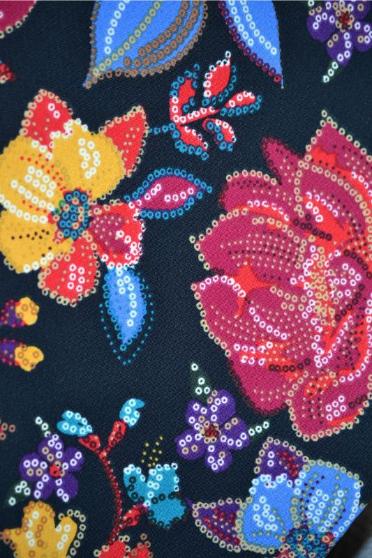 Frilly Mock Neck Top Floral Sequin Print - Black