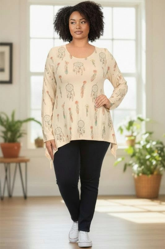 Dreamcatcher Print Plus Tunic Top - Cream