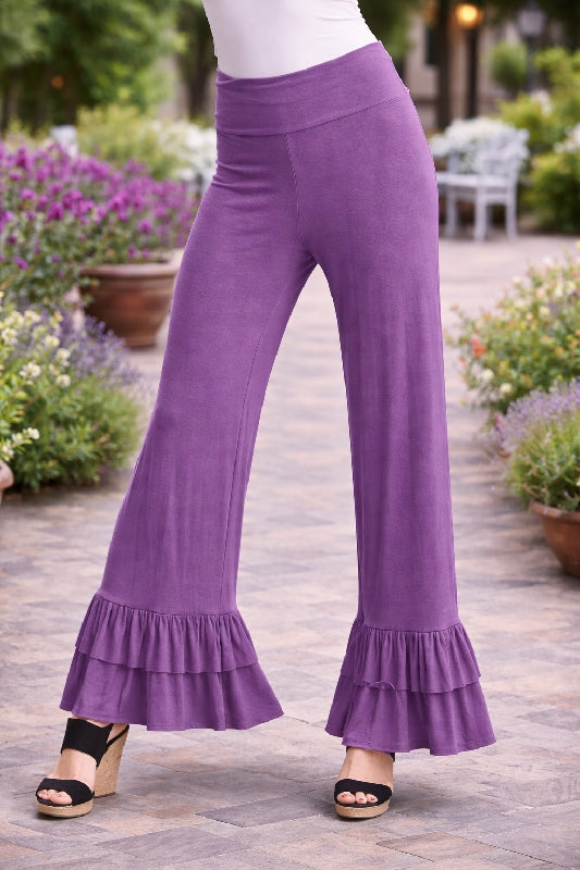 Double Ruffle Hem Soft Stretch Foldover Pants - Multiple Colors