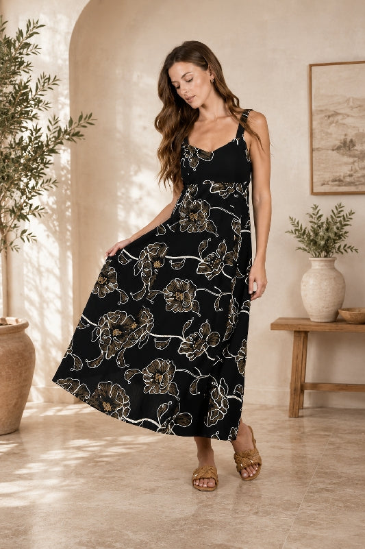 Blu Pepper Floral Embroidered Midi Dress - Black