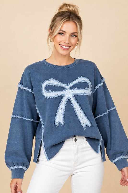 Denim-Style Eyelet Bow Sweatshirt - Dk Denim