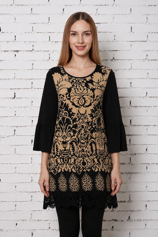 Sassy Bling Damask Scroll Tall Tunic Dress Lace Hem - Mocha/Black