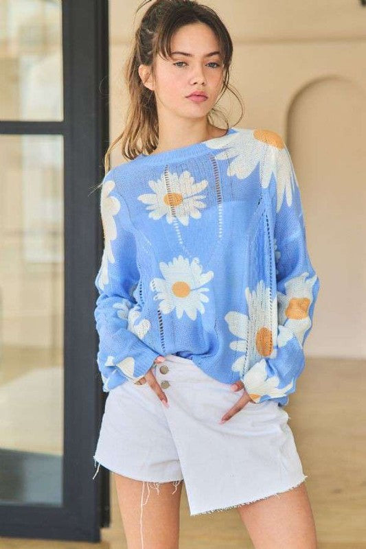 Davi & Dani Daisy Flower Sweater - Blue