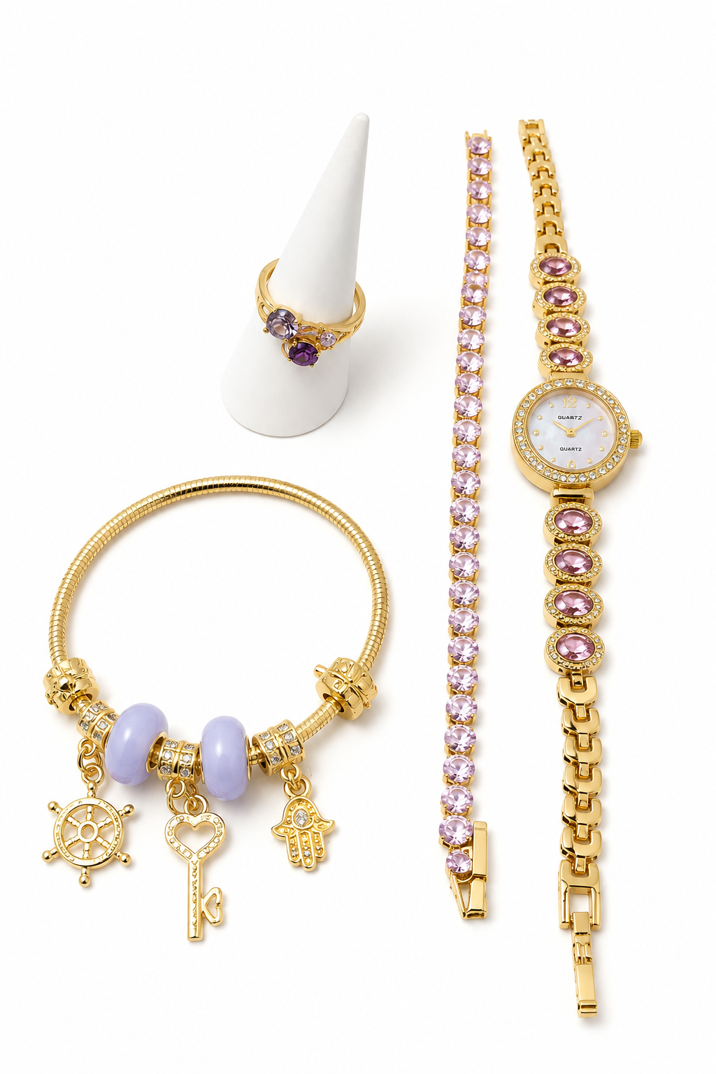 Elegant 5-Piece Watch Bracelets Rings Set - Pink Purple