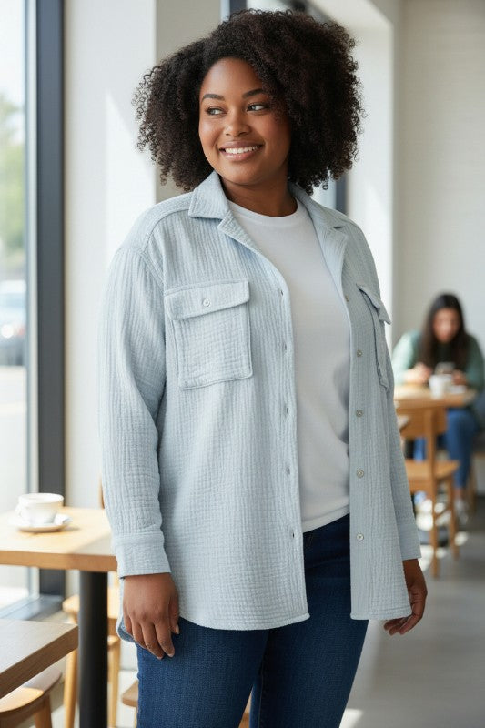 Easel Cotton Gauze Snap Cargo Shirt - Powder Blue