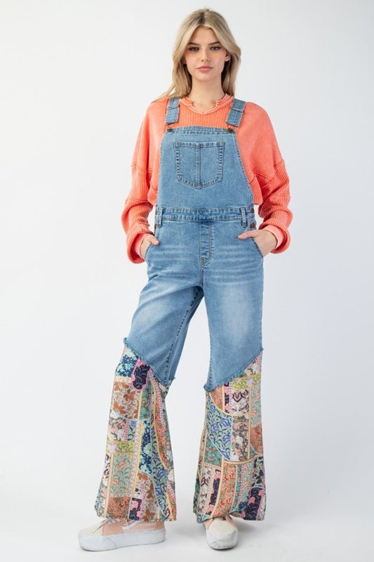 OG Easel Overalls Pants with Patchwork Accent - Light Denim