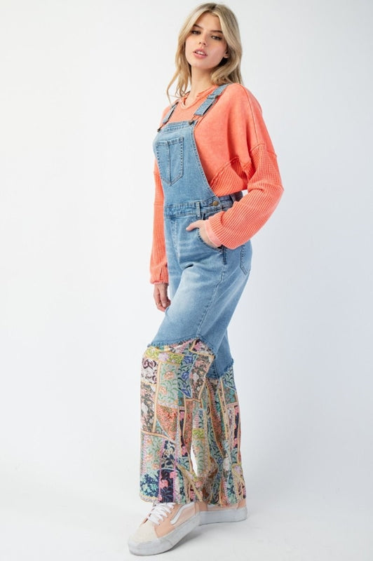OG Easel Overalls Pants with Patchwork Accent - Light Denim
