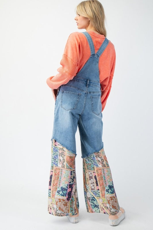 OG Easel Overalls Pants with Patchwork Accent - Light Denim
