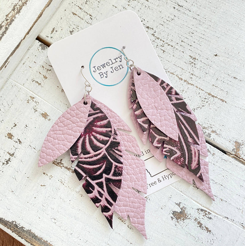 Jagged Feather Earrings - Pink Lilac & Plum Tooled