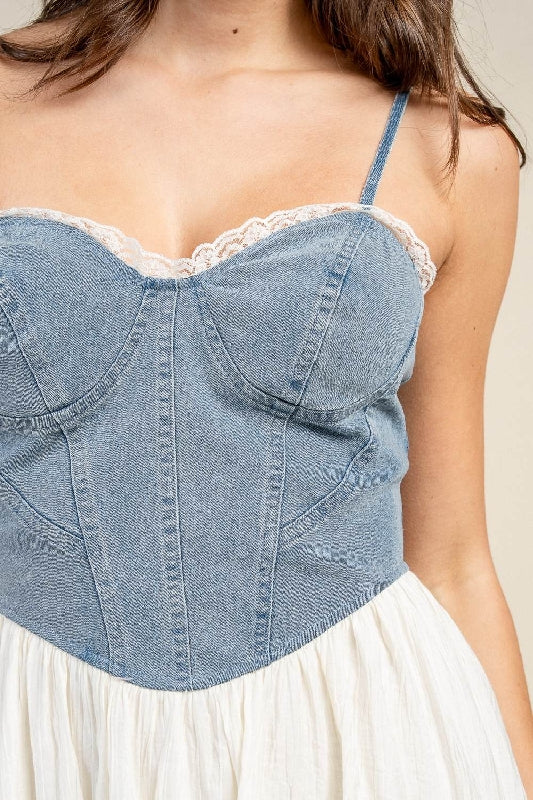 Denim Bustier Dress w/ Contrast Tier Skirt