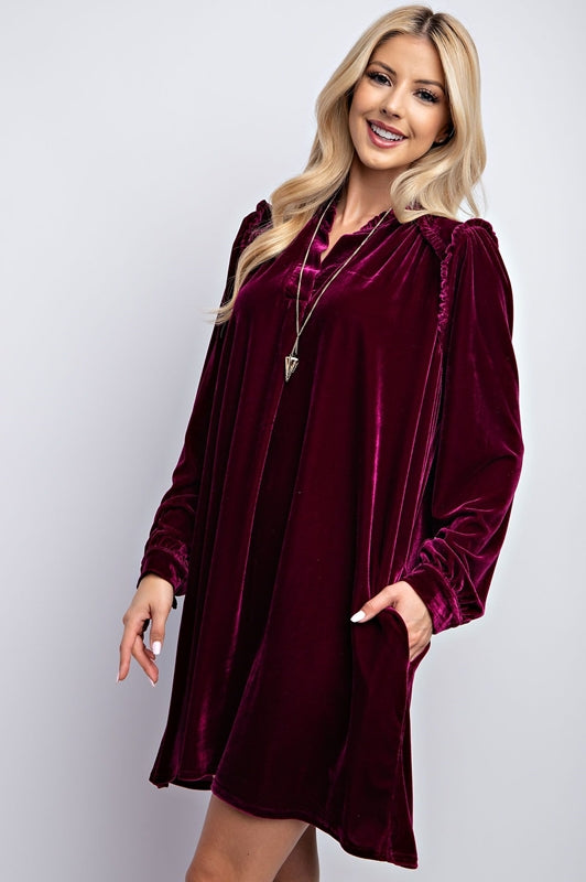 Easel Velvet Dress with Ruffle Accent - Plum